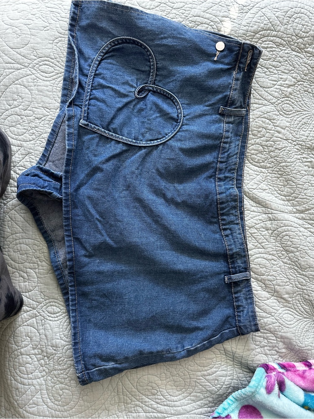 SHEIN Dark Blue Denim Mini Skort with Heart Trim